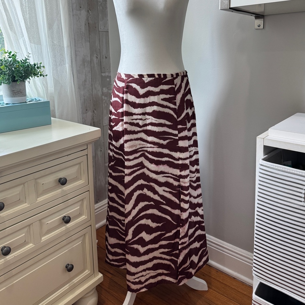 PAIGE Burgundy and white zebra print midi skirt with slit